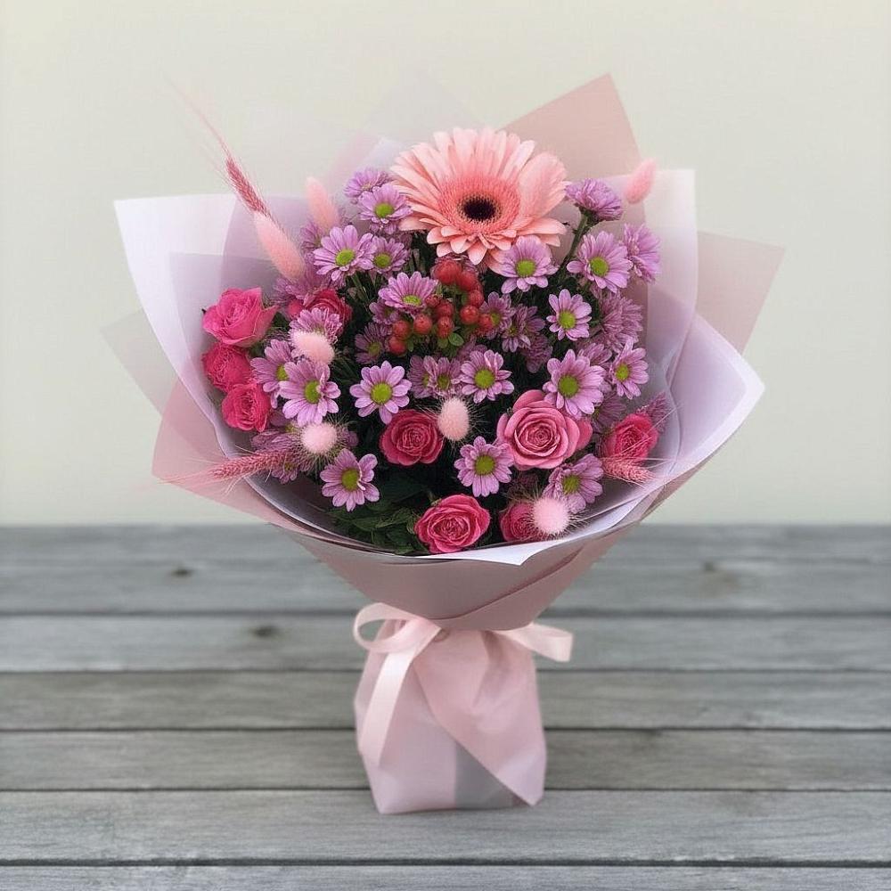 Букет цветов из: Розы, Герберы и Хризантемы в Викулово