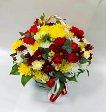 Цветочная композиция из Хризантемы и Розы в корзине в Викулово