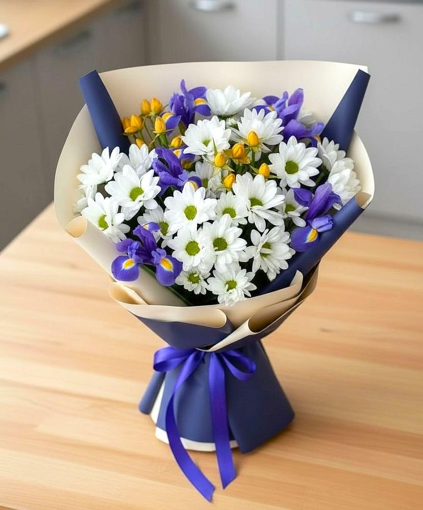 Букет цветов из: Розы, Ирисы и Хризантемы в Викулово